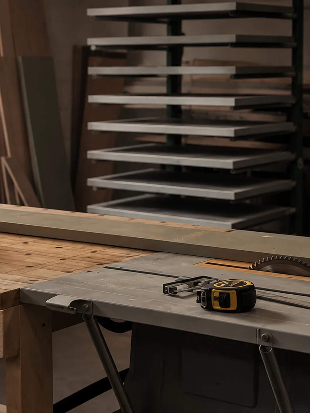 The workshop: a saw bench and racks of cabinet doors drying